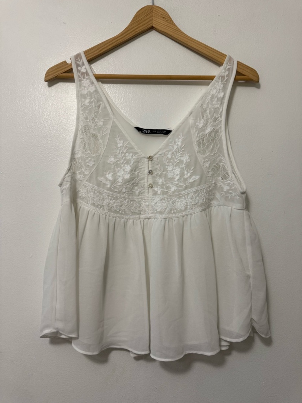 Zara White Embroidered V-Neck Peplum Camisole